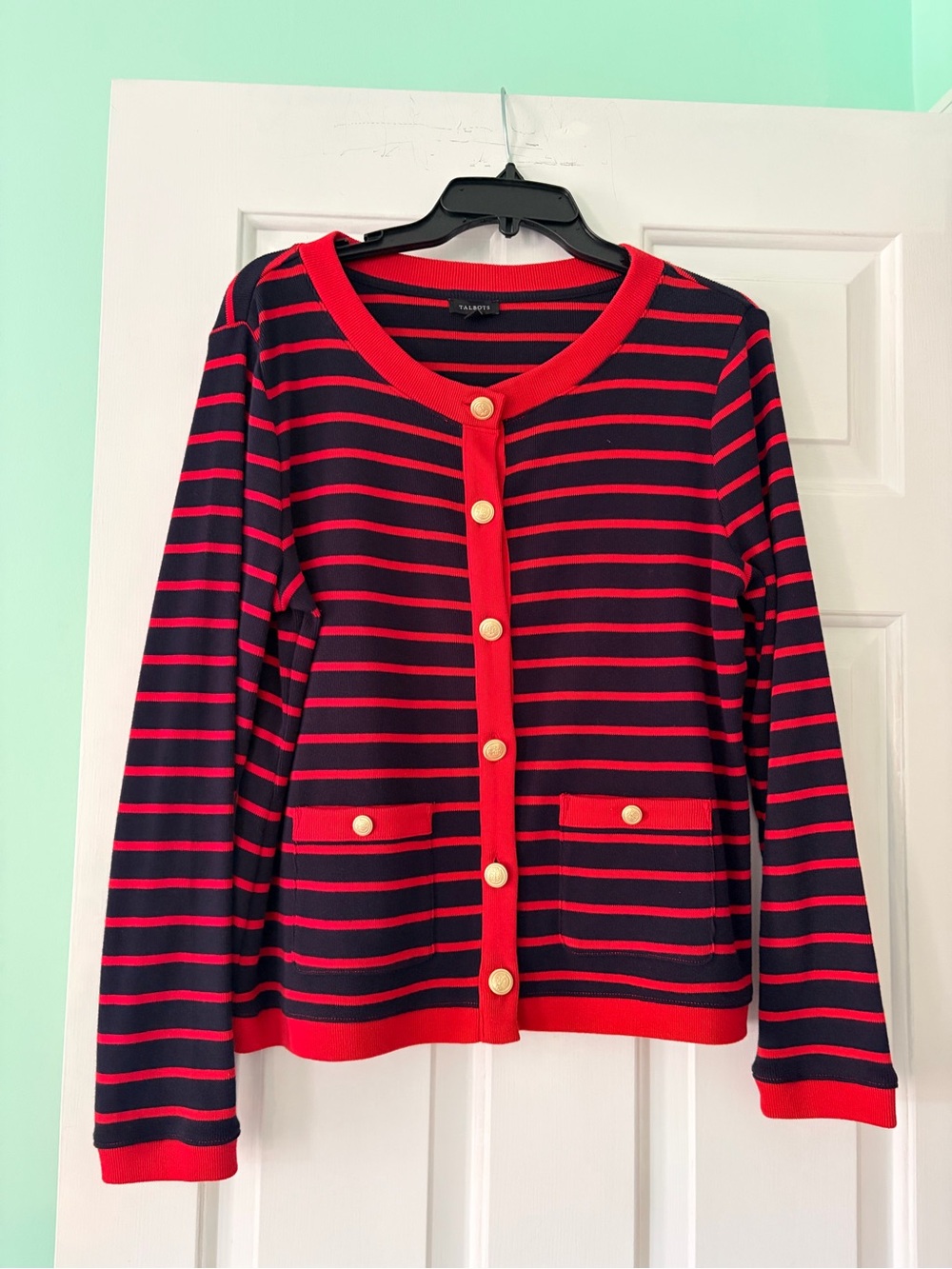 Talbots Red and Navy Striped Button Cardigan